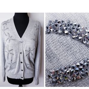 NWT $1800 L Libertine Cashmere Lurex Sweater Cardigan Gray Button Front Long Slv